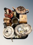 A tray of silver plated wares, Ingersoll watch, medals and badges, treen,