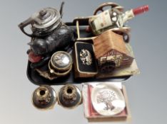 A tray of Bretby cat, petit point dressing table pieces, a cognac bottle mounted on canon carriage,