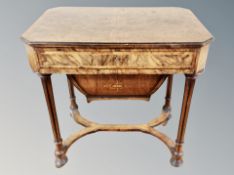 A 19th century figured walnut, ebonised and satinwood strung sewing table,