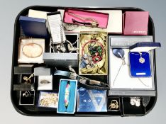 A tray of costume jewellery, watches,