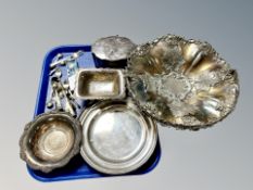 An ornate silver plated swing handled basket, plated wares,