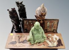 Oriental wares to include : cast resin figure of a seated buddha, Japanese hardstone inlaid panel,