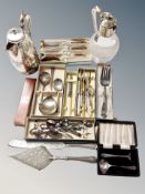 A silver plated water jug, crystal claret jug,