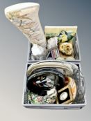 Two crates containing pottery plates, French bust, statue of the Three Graces, Maling bowl,