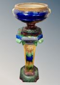 A Minton-style majolica planter on plant stand,