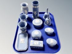 Twelve pieces of Wedgwood blue and white jasper ware