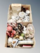 Two boxes of china ornaments, figures, pottery, Oriental figures etc.