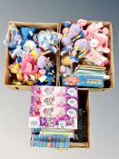 Three boxes containing hanging bouncing baby toys, make your own soap set, books etc.