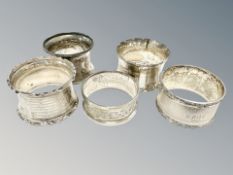 Five silver napkin rings. CONDITION REPORT: 119.