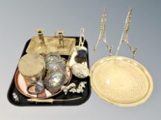 A tray of brass, oval box, miniature still life pictures,