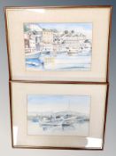 A pair of watercolour studies depicting boats in harbour, in frames and mounts, indistinctly signed,