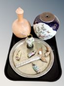 A tray of oriental wares to include cloisonné vase on stand, pottery lidded vase, ceramic lamp base,