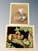 Louise Liddell : Squirrels in a tree, oil painting on fabric,