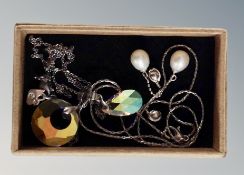 Two crystal necklaces on silver chains and a pair of silver & cultured pearl earrings
