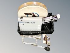 A bodhran, Philips PMC100 composer, music stand boxed, mouth organ,