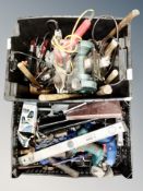 Two crates of hand tools, power tools, drills and bench grinder, drill stand, multi meter,