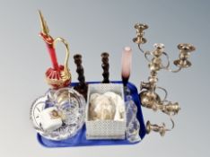 A tray of assorted glass ware, silver plated table candelabrum, candelabrum top,