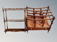 A Victorian style Canterbury on brass castors together with wall mounted etagère