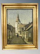 F Laharten : Figure in a cobbled street, oil on canvas,