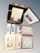 A box of pictures including hand-coloured engraving of Durham Cathedral after E H Barlow,