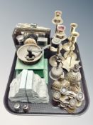 Antique and later metal wares including candlesticks, opera glasses, hand bell , coffee grinder,