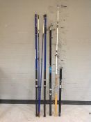 Two Masterline D-10 10' beach rods together with one piece beach casting rod and two telescopic
