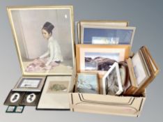 A box of pictures and prints, Gerald Festus Kelly print of a girl, silhouettes,