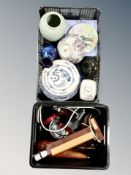 Two crates of 20th century wooden ceramic and angle poise table lamps, ceramics plates,