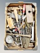 A box of vintage wood working tools, drill bits,