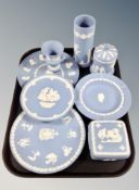 Eight pieces of Wedgwood Jasperware : 250th anniversary of Josiah Wedgwood commemmorative plate,