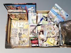 A box of Viz annuals and comics, Commando pocket book comics, postcards,