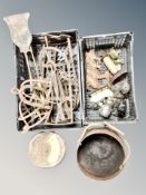 Two crates of antique and later metal ware, swing handled coal bucket, companion pieces, gin trap,