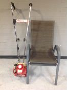 A Mantis petrol rotivator together with pair of metal framed garden chairs