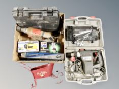 A box of two cased hammer drills, roll of spanners, Parkside paint sprayer, grease gun,
