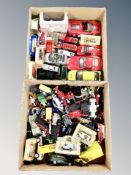 Two boxes of assorted play-worn die cast vehicles, Ertl, Maesto, Burago,