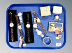 A tray of stamps and stamp box, wristwatches, Lorus, Seiko, Lewis Pickard etc, miniature desk box,