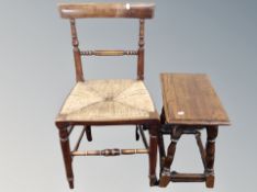 A 19th century oak and beech rush seated kitchen chair together with pegged oak stool