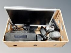 A box of Samsung LCD monitor, Roberts DAB radio, Monocular, cameras, Casio and Chinon,