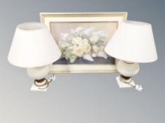 A contemporary still life print and two table lamps