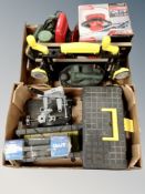 Two boxes of power tools, electric polisher, adjustable work bench,