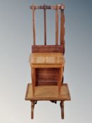 A pine plate rack together with two small occasional tables and a wooden tray
