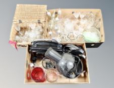 Two boxes and wicker hamper containing assorted kitchen mixer,