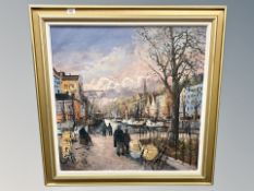 Continental School : Boats on canal, oil on canvas ,