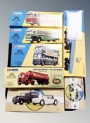 Seven boxed Corgi models including Nottingham city transport bus, Wall's AEC boxed trailer set,