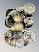 A collection of silver plated items, tray, part tea services,