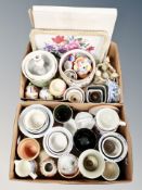 Two boxes of pottery planters, ceramic piggy banks,