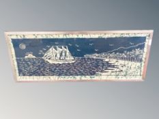 A print on linen depicting a ship,