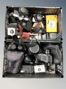 Two crates of vintage camera, Praktica NTL5, Kodak, pair of Prinz 10 x 50 binoculars,