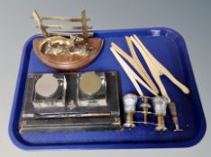 A 19th century tooled leather desk stand with two glass inkwells, brass figure of a fox on plinth,