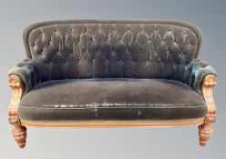 A late 19th century Scandinavian three seater salon settee in deep buttoned blue dralon fabric,